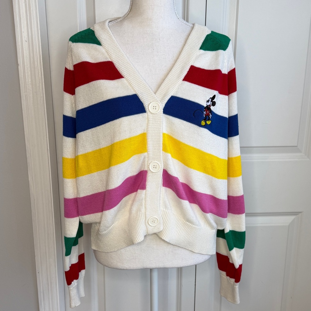Disney 100 x Target Rainbow Stripe Mickey Mouse Logo Cardigan Large Knit Fall